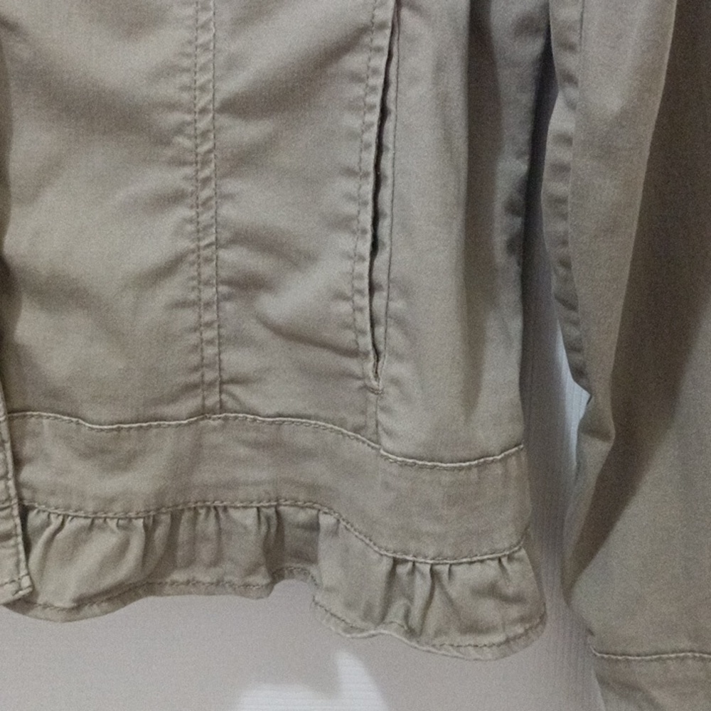 Baccini Taupe Jacket with Ruffle Trim Metal Buttons Ladies Large - Picture 7 of 12